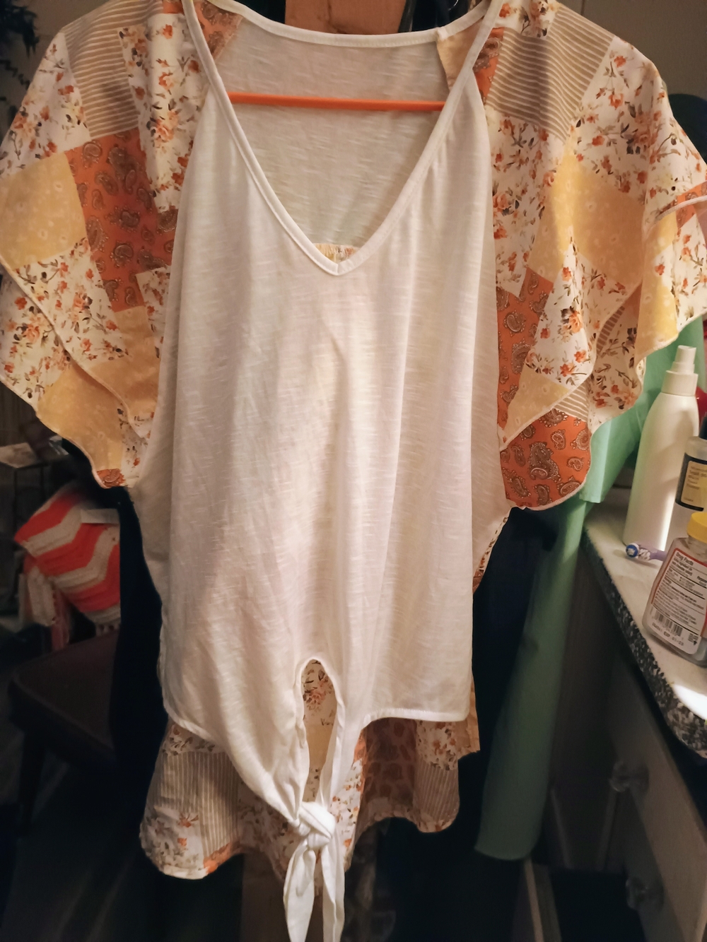 Boho Tie-Front Top with Floral Patchwork Sleeves